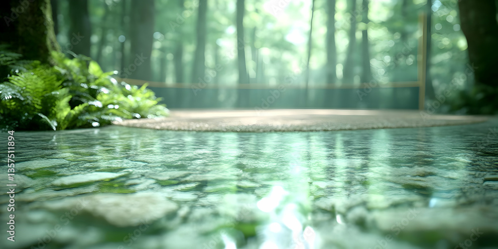 Poster serene forest scene featuring a clear water surface reflecting trees and sunlight with a tennis net 