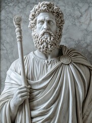 Obraz premium Marble bust of a Roman emperor, stern and majestic, holding a scepter, against a marble wall