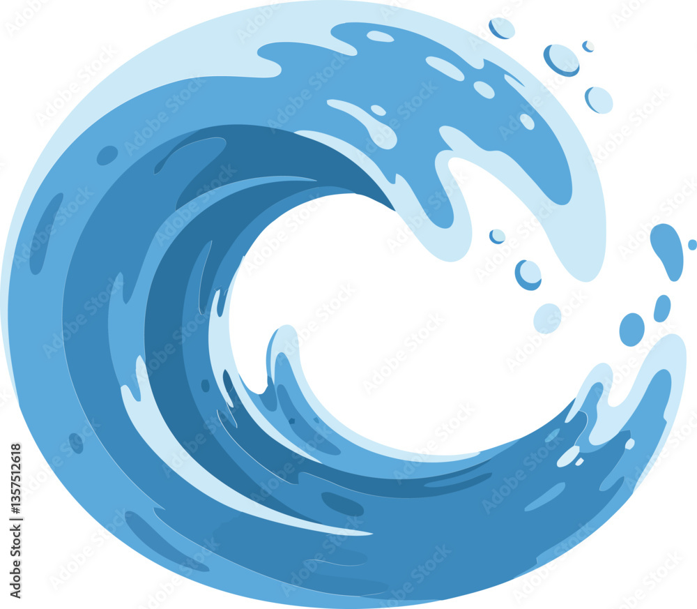 Poster ocean wave in motion depicted with a minimal design style showcasing fluid shapes and vibrant blues,