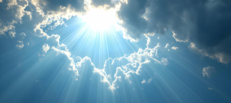 Sky With Blue Hue and Radiant Sunbeams Piercing Through White Clouds Creating an Ethereal Scene of Heavenly Light and Atmosphere