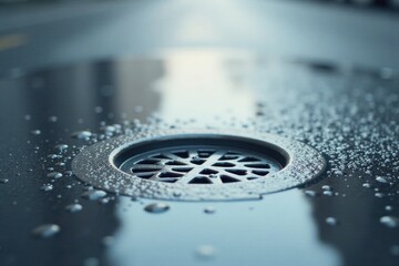 Close-up view of a water drain covered in condensation droplets, showcasing intricate design details on a sleek, dark surface.