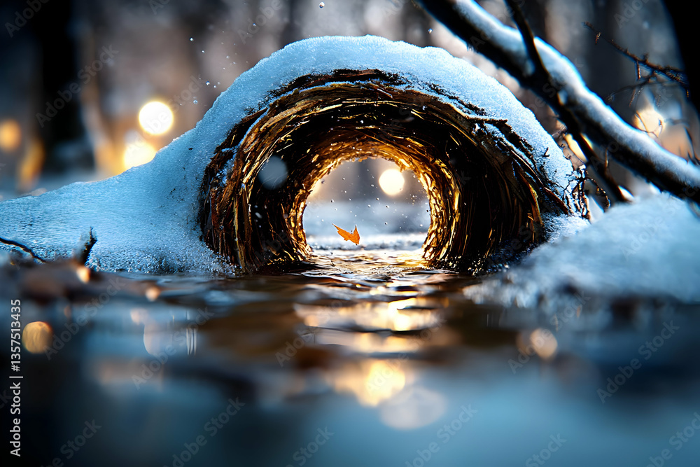 Poster snow covered log over water reflecting golden light in winter scene with bokeh background a captivat