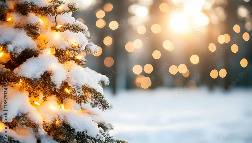 Aufkleber snow covered christmas tree with warm white string lights and bokeh background in a forest on a sunn