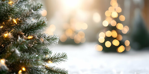 Obraz premium Snow Covered Christmas Trees with Golden Bokeh Lights Festive Winter Holiday Season Background in Soft Focus Outdoor Scene