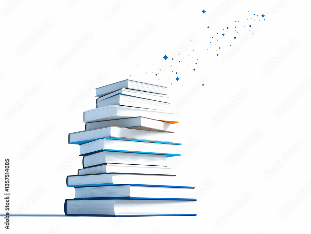Aufkleber stack of academic textbooks in white background with abstract graphic illustration of blue particles