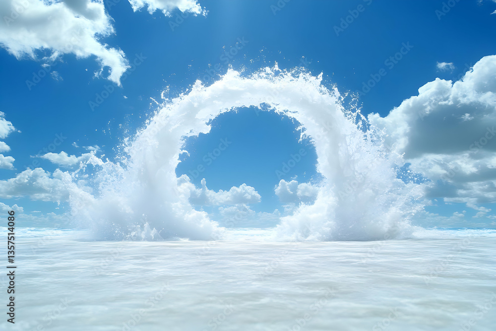 Poster spectacular water ring formation against azure sky with fluffy clouds white splash creating a mesmer