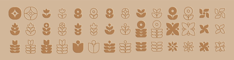 Mid-century Modern Botanical Graphic Flower and Leaves Icons Set