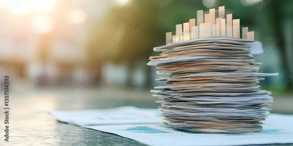 Poster stack of business documents topped with bar graph representing data analysis and growth on office de