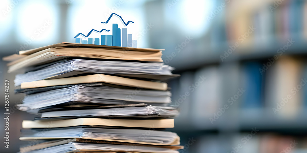 Poster stack of paperwork with blue graph on top symbolizing financial data and statistical analysis in an 