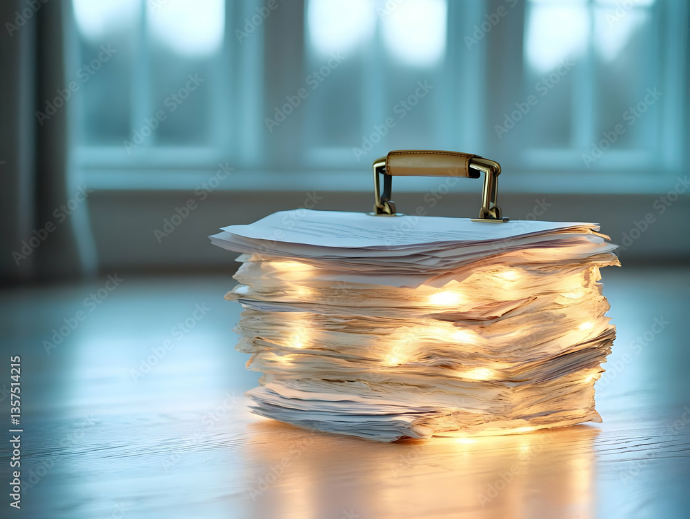 Poster stack of illuminated paperwork resembling a briefcase on wooden floor near window with soft light in