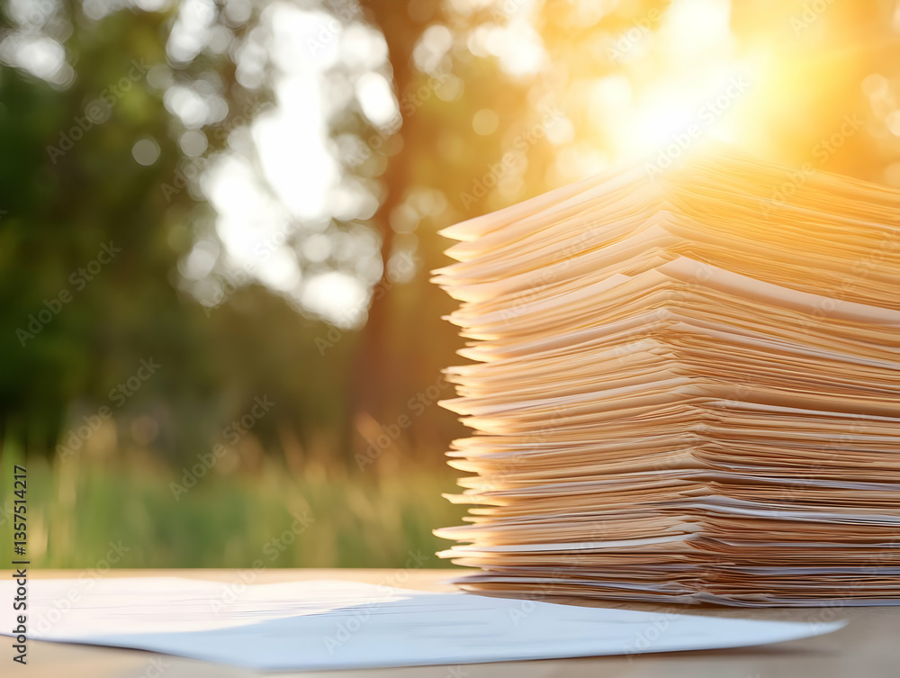 Poster stack of paper on wooden table with sunlight in outdoor setting representing document management and