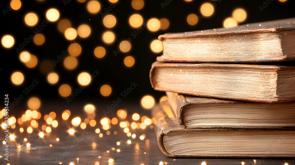 Poster stack of antique books with golden edges against a dark background with bokeh lights