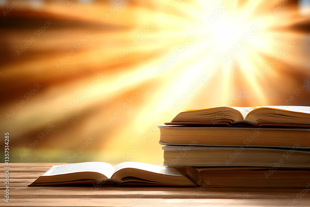 Poster stack of open books on wooden table against a bright sunny background symbolizing knowledge and educ