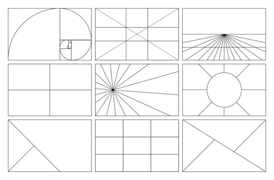 Composition Proportions guidelines set, attention spot of rule of thirds template in 16 by 9 ratio monitor display. Rule of thirds mockup on transparent background.