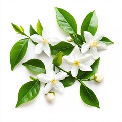 Fototapeta premium Lush green tea leaves paired with delicate jasmine flowers on white backdrop