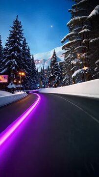 Vibrant neon light trails illuminate a snowy mountain road surrounded by tall pine trees