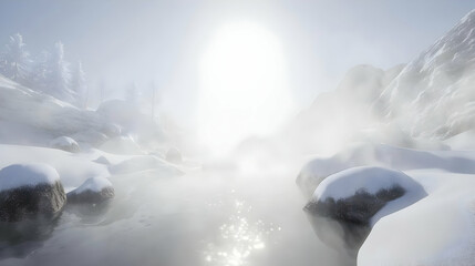 Snowy mountain stream with steaming mist.  Sunlight illuminates frozen water