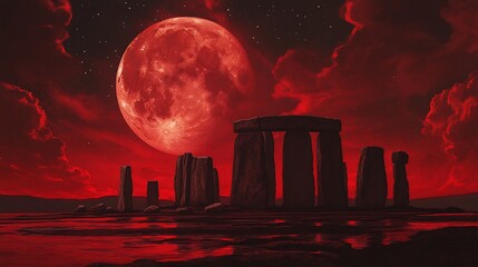 Blood Moon over Stonehenge: Eerie and Dramatic Ancient Monument Scene