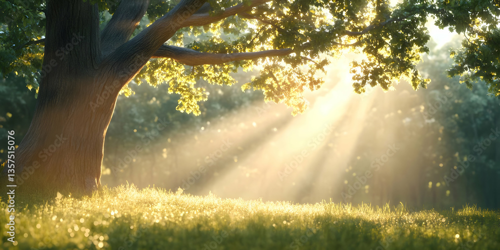 Poster sun rays through tree branches in green field early morning light creates a warm and inviting atmosp