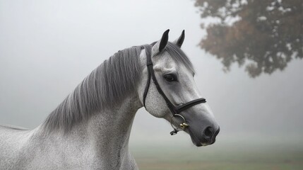 Fototapeta premium Majestic Andalusian Horse Head Emerging from Mist: A Close-Up of Elegance and Beauty