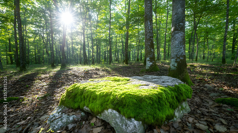 Poster sunlit forest scene with moss covered stone under canopy of green trees creating serene and peaceful