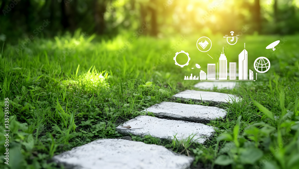 Poster sunlit stone path through green grass in a lush natural setting with environmental icons and sunligh