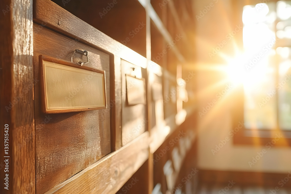 Poster sunlit wooden cabinet with empty label slots in soft focus sunlight streams through window and creat