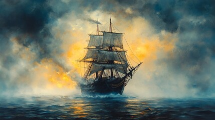 Fototapeta premium Captivating Watercolor of a Ghostly Ship Surrounded by Enigmatic Mist