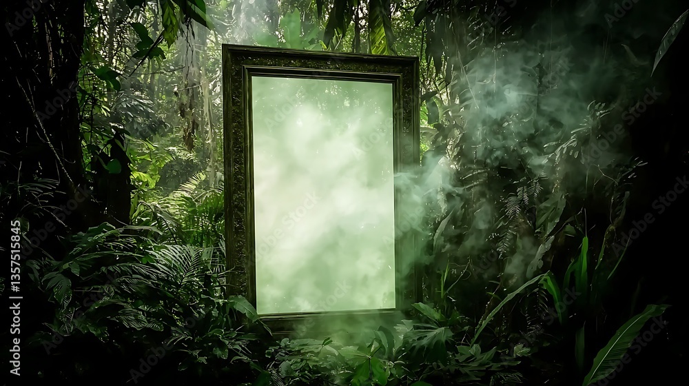 Poster enigmatic mirror surrounded by lush jungle and ethereal mist in enchanted forest setting