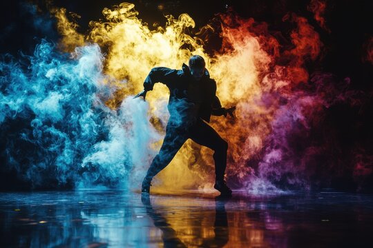 Dynamic male dancer in silhouette performing modern dance with colorful smoke effects, creating a captivating and artistic movement against a dark background. - Powered by Adobe