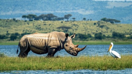 Fototapeta premium Majestic Rhino at Lake Nakuru: A Safari Adventure in Kenya's Wildlife Paradise