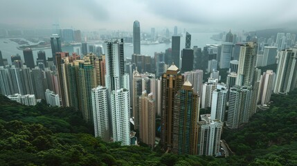 Obraz premium A panoramic view of an urban landscape with tall skyscrapers and greenery in the foreground, highlighting the contrast between urbanization and nature, suitable for articles on urban