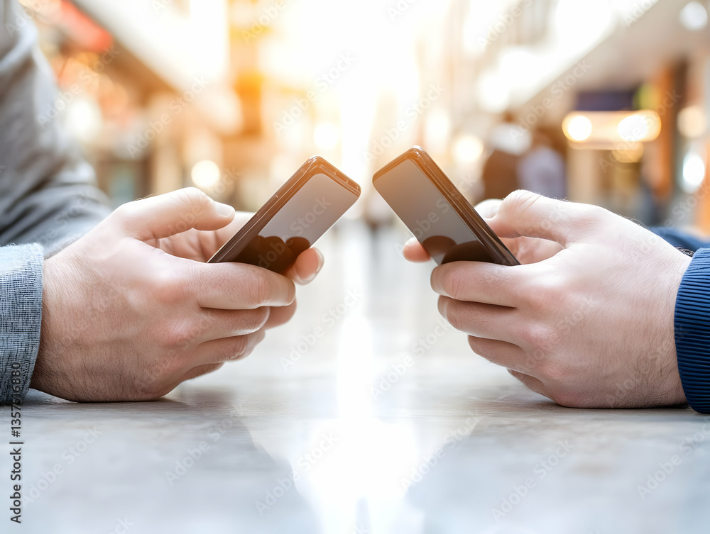 Poster two men holding smartphones touching screens over a light table surface in a blurred shopping center