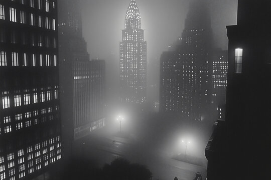Fototapeta Gotham's Veil: A haunting black and white photograph of the city skyline enveloped in a thick, ethereal fog, creating an atmosphere of mystery and grandeur.