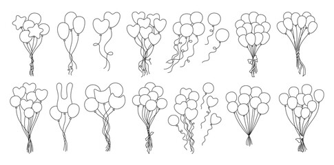 Bundle balloons set illustration. Linear symbol decorative various shaped bunches of balloons . Birthday celebration festivities events, party decoration, greeting card postcard children vector design