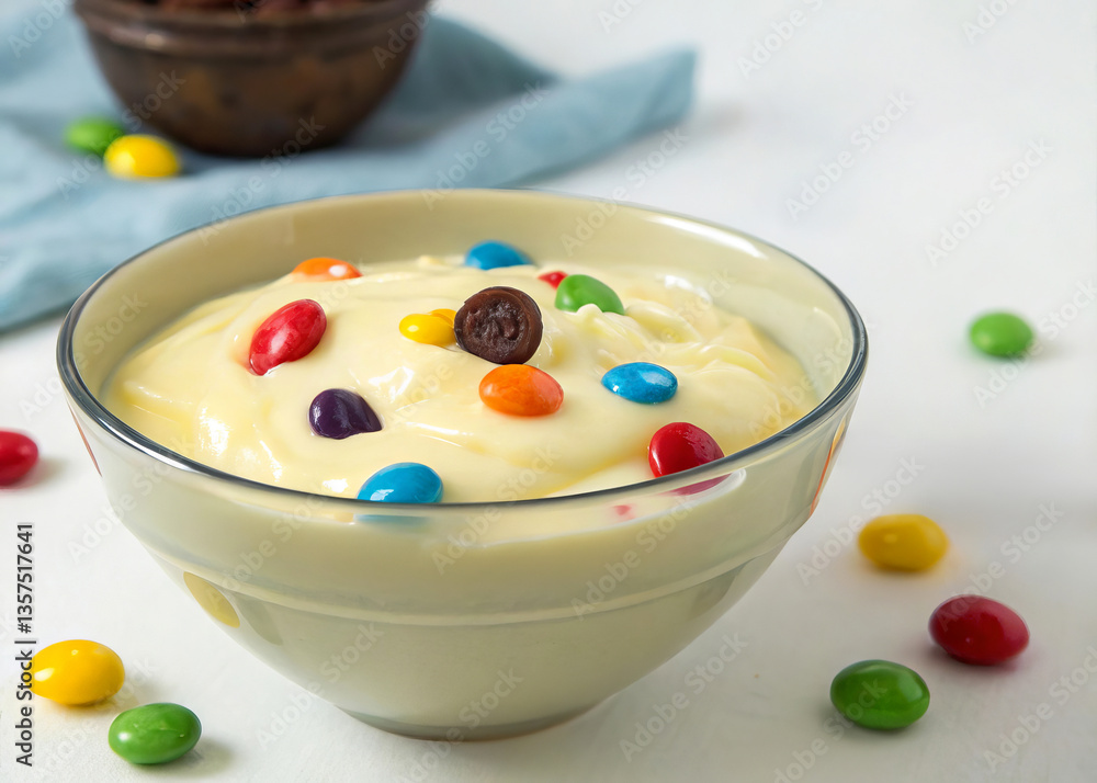Poster a bowl of vanilla pudding topped with colorful candies on a white surface. there is also a small bow