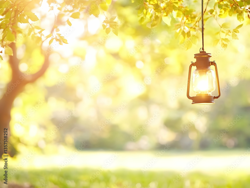 Poster vintage lantern hanging from tree branch with green leaves illuminated by golden sunlight in a seren