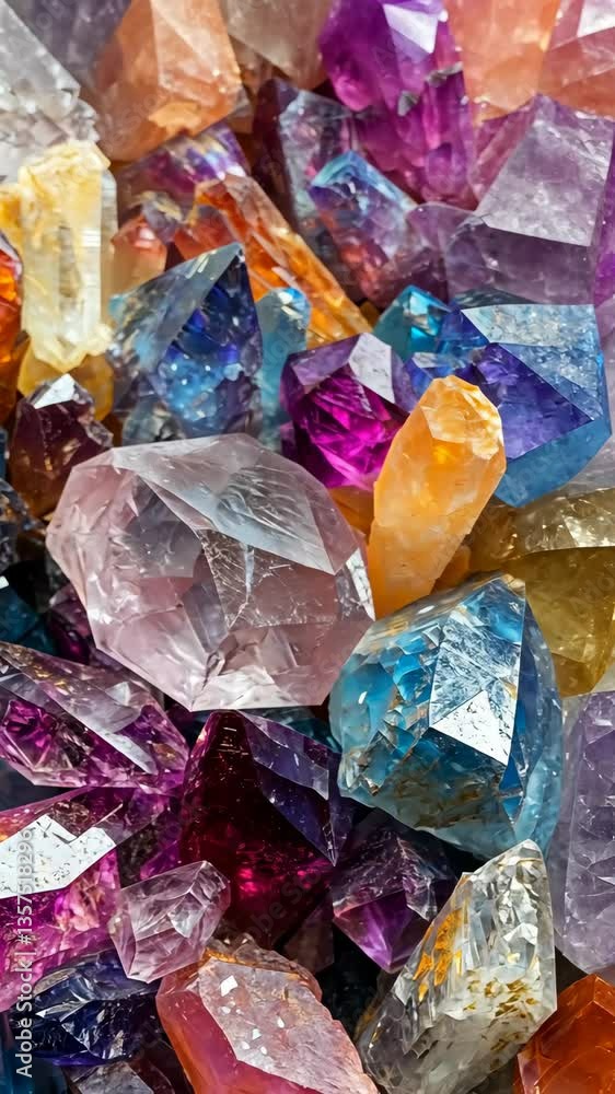 Poster colorful collection of assorted crystals and gemstones displaying vibrant hues and intricate pattern