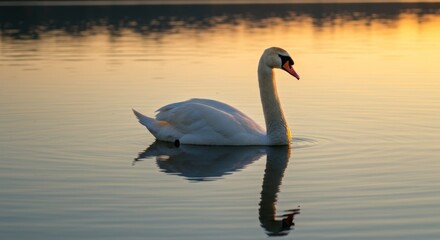 Fototapeta premium Elegant mute swan gliding gracefully on the lake during golden sunset hours