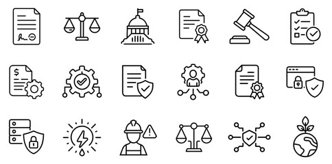"Regulation Line Icon Representing Rules, Laws, Compliance, and Legal Frameworks in a Clean and Structured Linear Design"