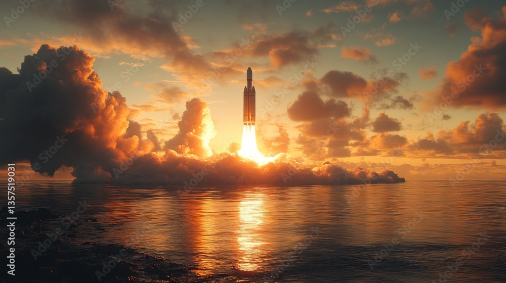 Poster a rocket lifts off from the coastal area at dawn, illuminating the sky with vibrant hues as it ascen
