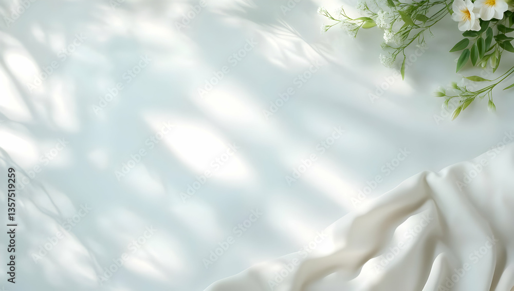 Poster white floral and fabric background with soft shadow overlay offering a clean and elegant aesthetic f
