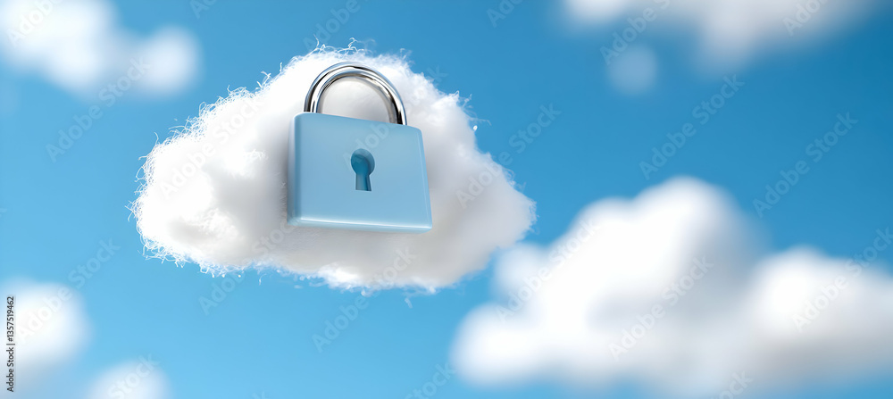 Poster white fluffy cloud secured with blue padlock against a soft blue sky symbolizing online security and