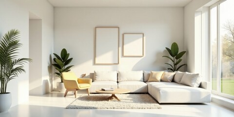 Modern Minimalist Living Room Interior Design with Sunlight Streaming Through Large Window and Simple Decor