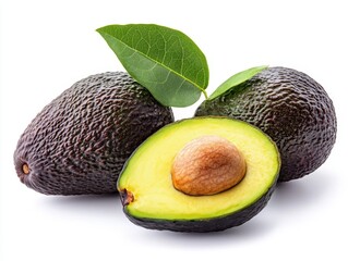 Studio shot of fresh ripe hass avocados with vibrant green leaves on a clean white background