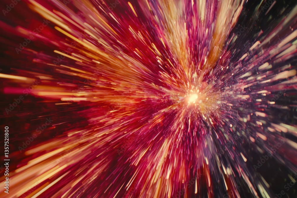 Poster an abstract explosion of vibrant red, pink, and yellow lines emanating from a bright central point, 