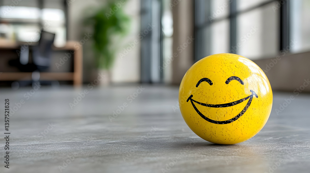 Poster Yellow Emoji Ball with Smiling Face on Gray Tiled Floor Inside a Room with Natural Light Creating a Positive and Cheerful Atmosphere in Minimalist Background