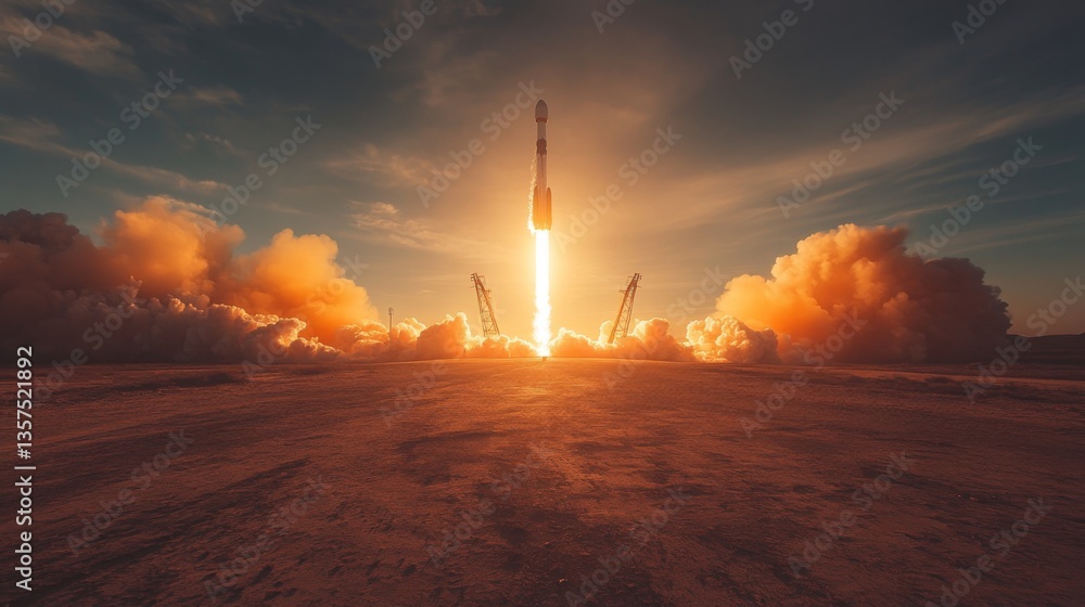 Poster a rocket is ascending rapidly with strong engines ignited, leaving behind a trail of smoke and cloud
