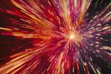 Obraz premium An abstract explosion of vibrant red, pink, and yellow lines emanating from a bright central point, creating a dynamic and energetic visual effect.