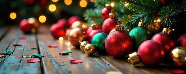 Colorful Christmas tree ornaments scattered on the floor, colorful decorations, colorful ornaments